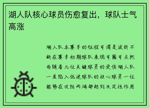 湖人队核心球员伤愈复出，球队士气高涨